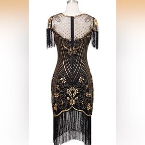 1920s flapper Gatsby Black and Gold Fringe Dress